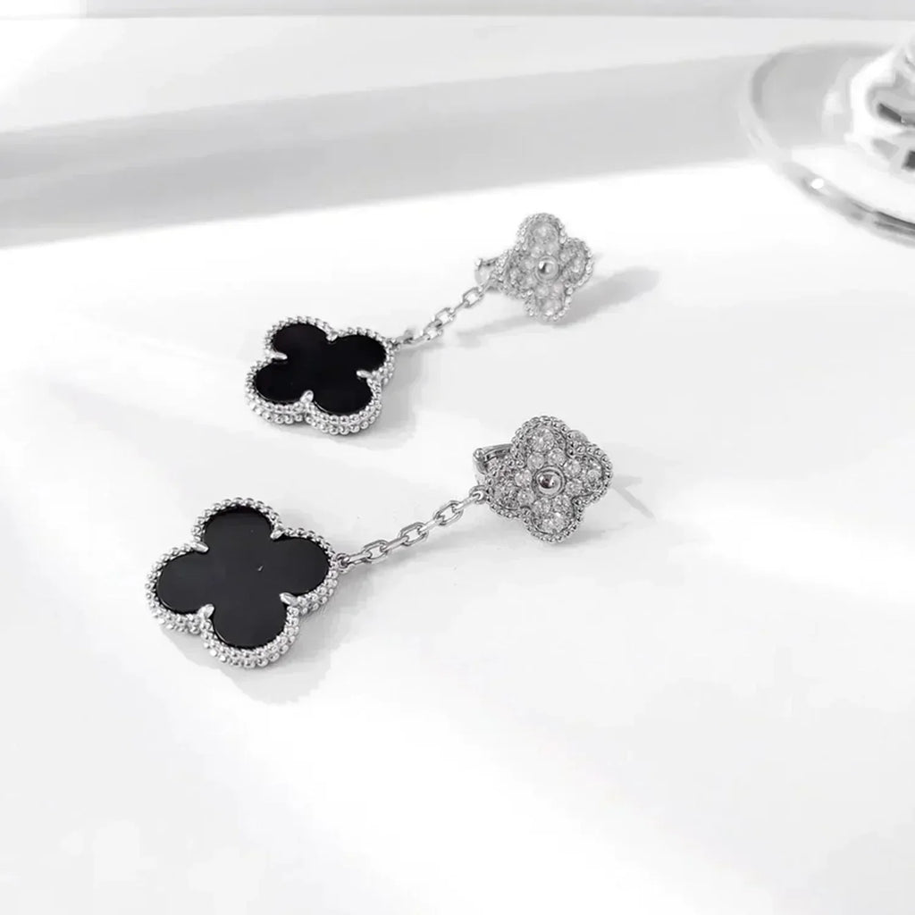 ¡®Imperial¡¯CLOVER 2 MOTIFS  DIAMOND ONYX EARRINGS SILVER