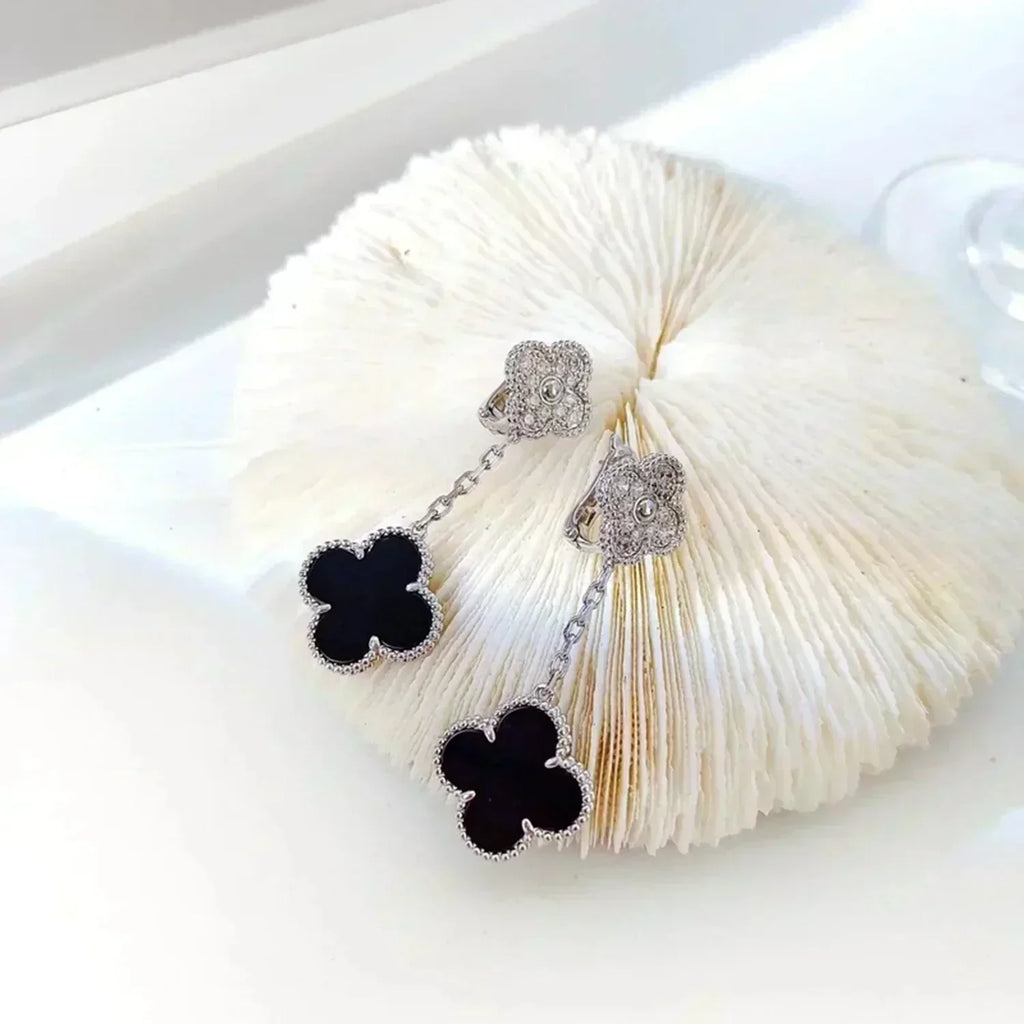 ¡®Imperial¡¯CLOVER 2 MOTIFS  DIAMOND ONYX EARRINGS SILVER