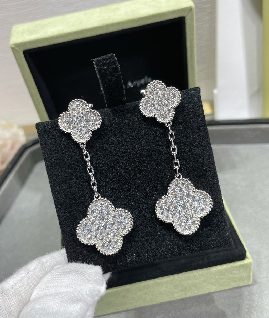 ¡®Imperial¡¯CLOVER 2 MOTIFS DIAMOND PAVED SILVER EARRINGS