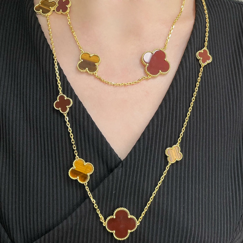 ¡®Imperial¡¯CLOVER 16 MOTIF CARNELIAN TIGER EYE ROSE GOLD NECKLACE