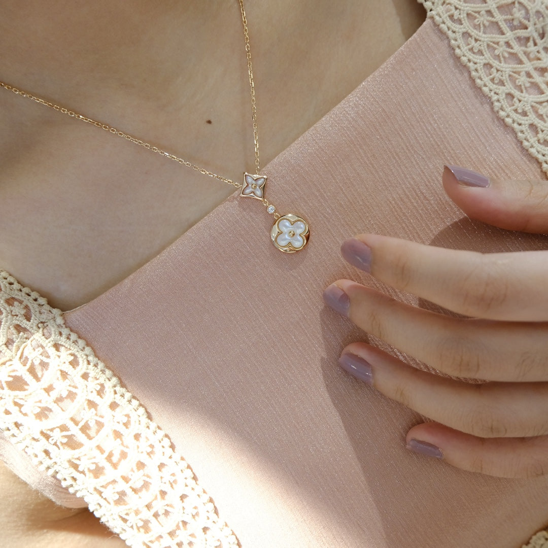 ¡®Imperial¡¯STAR AND SUN WHITE MOP 2 MOTIF PINK GOLD NECKLACE