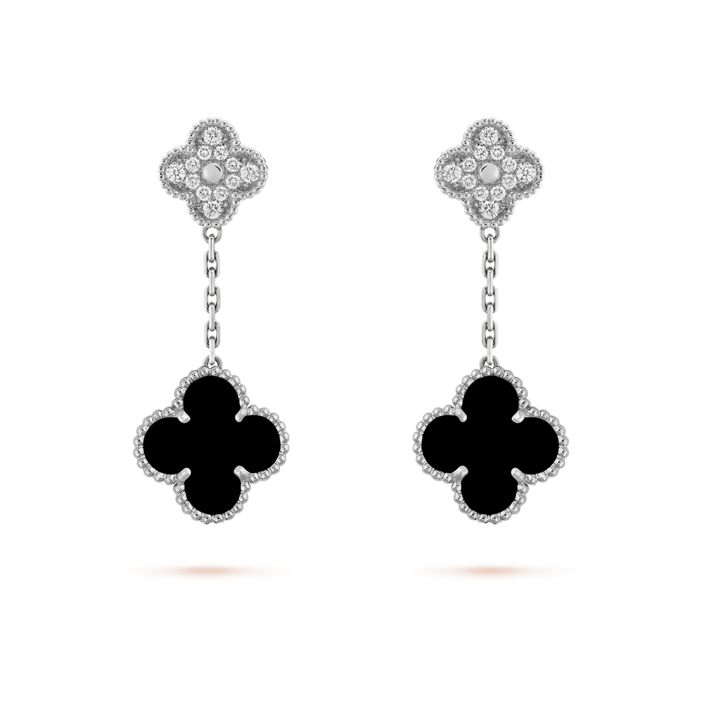 ¡®Imperial¡¯CLOVER 2 MOTIFS  DIAMOND ONYX EARRINGS SILVER