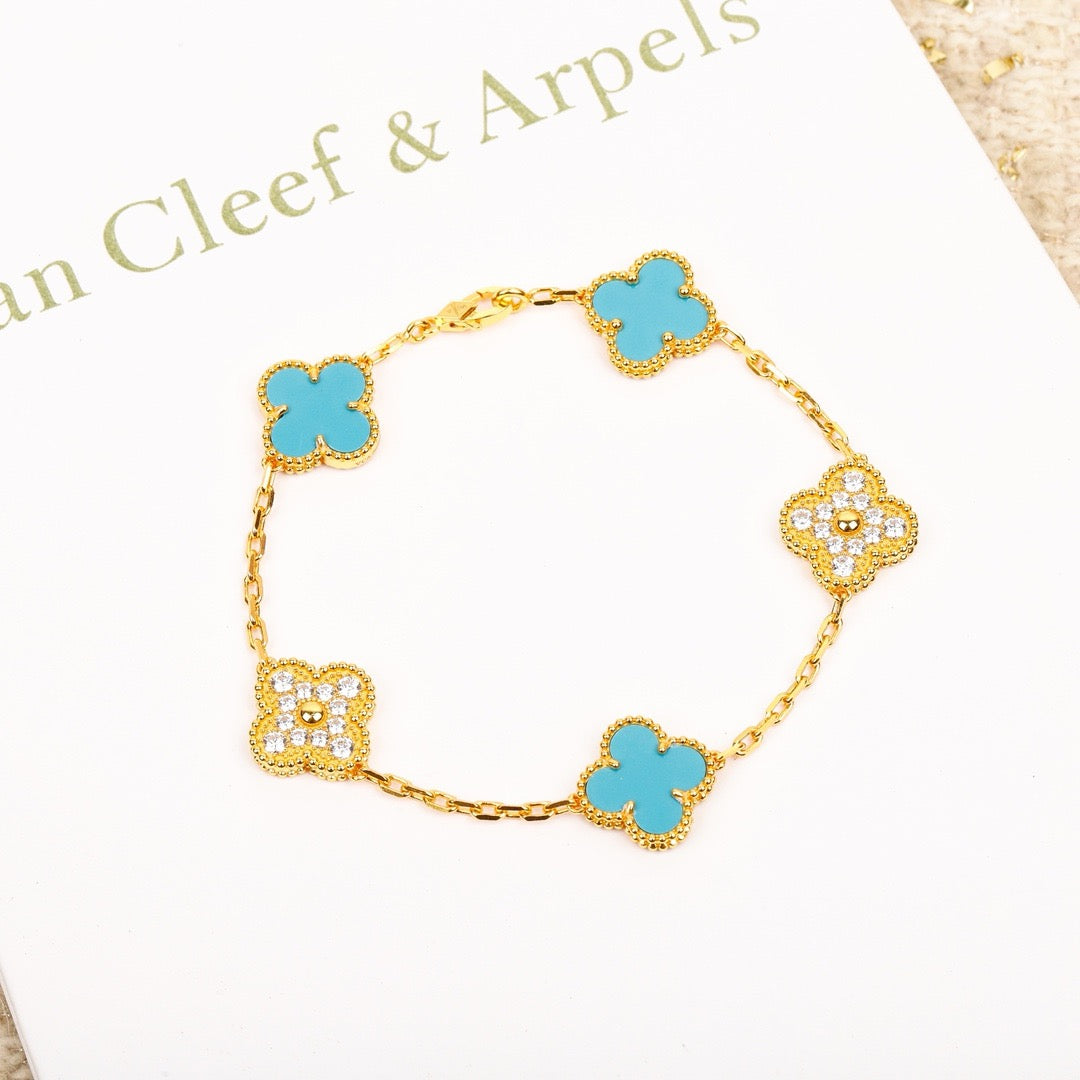 ¡®Imperial¡¯CLOVER 5 MOTIF TURQUOISE DIAMOND GOLD BRACELET