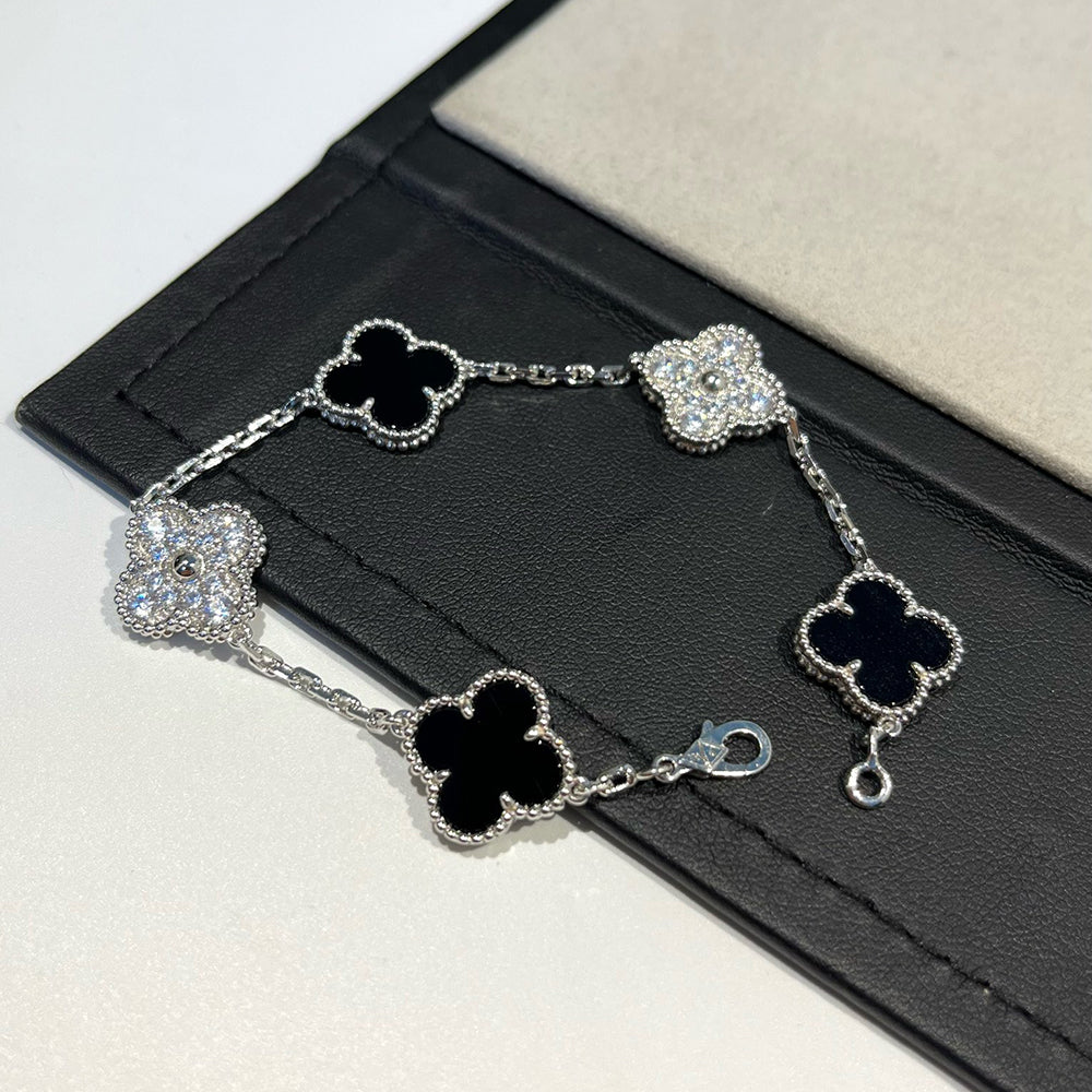 ¡®Imperial¡¯CLOVER 5 MOTIF ONYXS DIAMOND BRACELET SILVER