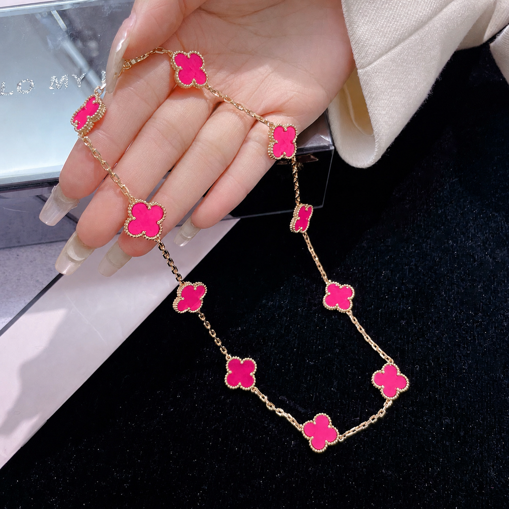 [Imperial] NEW CLOVER 10 MOTIFS PINK ENAMEL NECKLACE