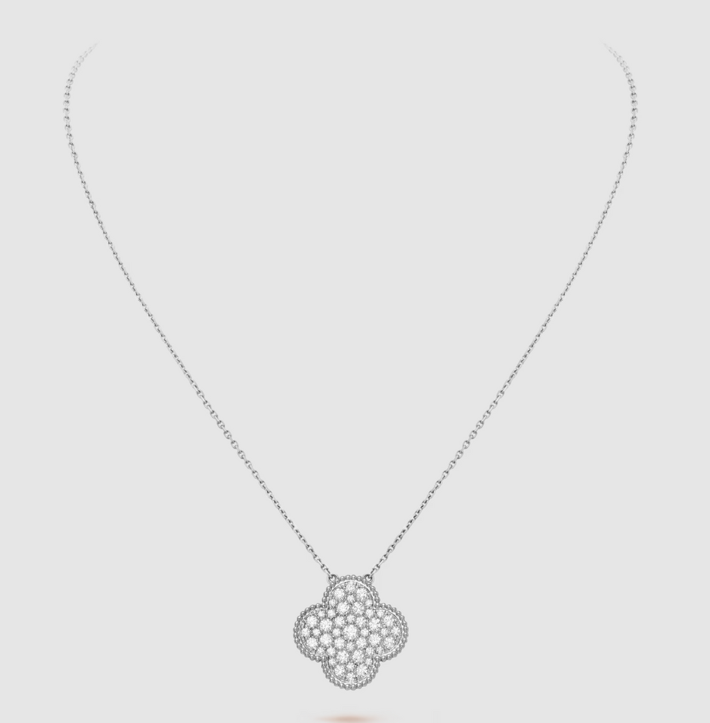 ¡®Imperial¡¯CLOVER 25MM LARGE PENDANT DIAMOND PAVED SILVER NECKLACE