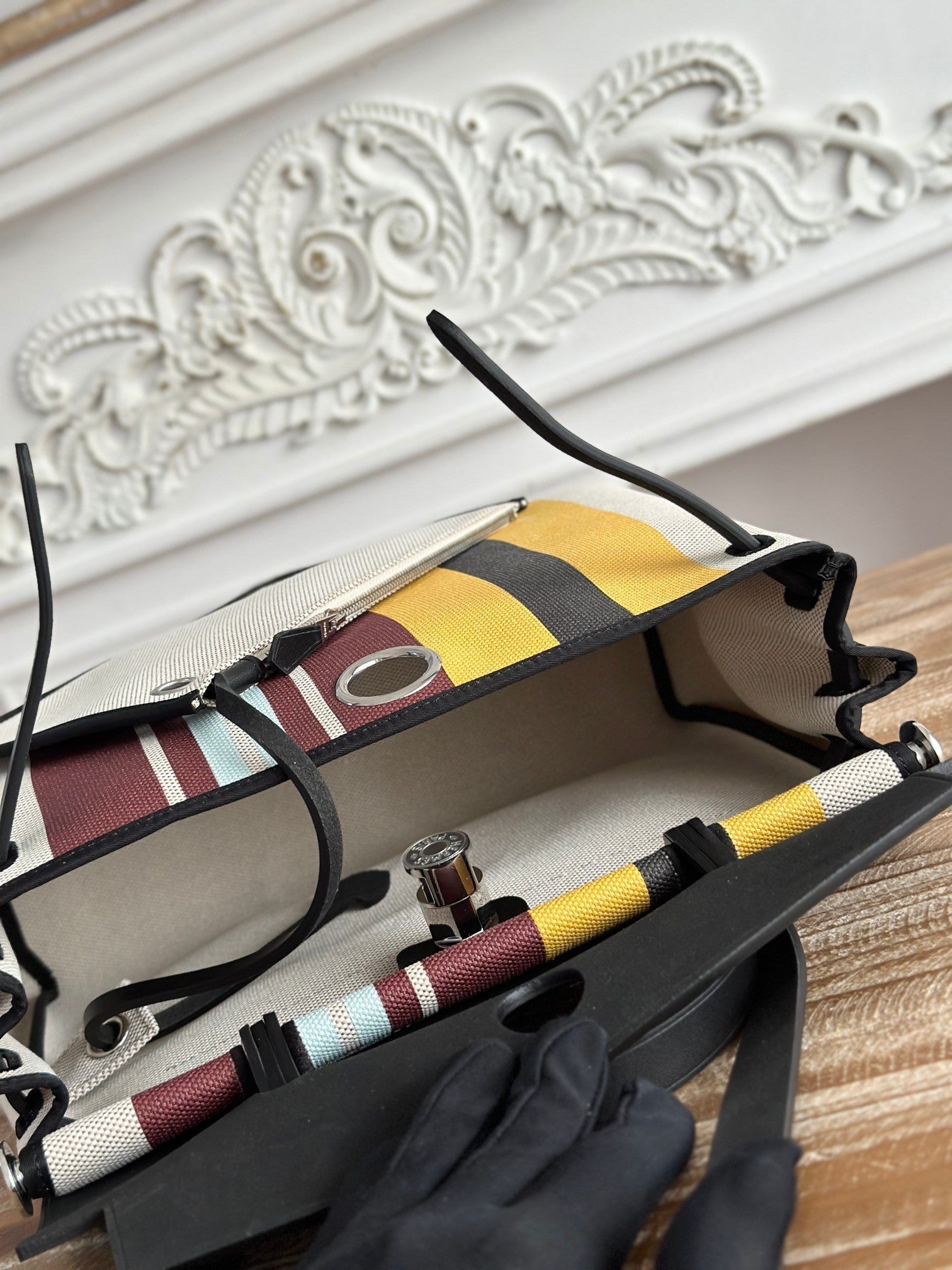 HERBAG ZIP 31 LAQUERED BAG IN BROWN MIX YELLOW H PLUME CANVAS